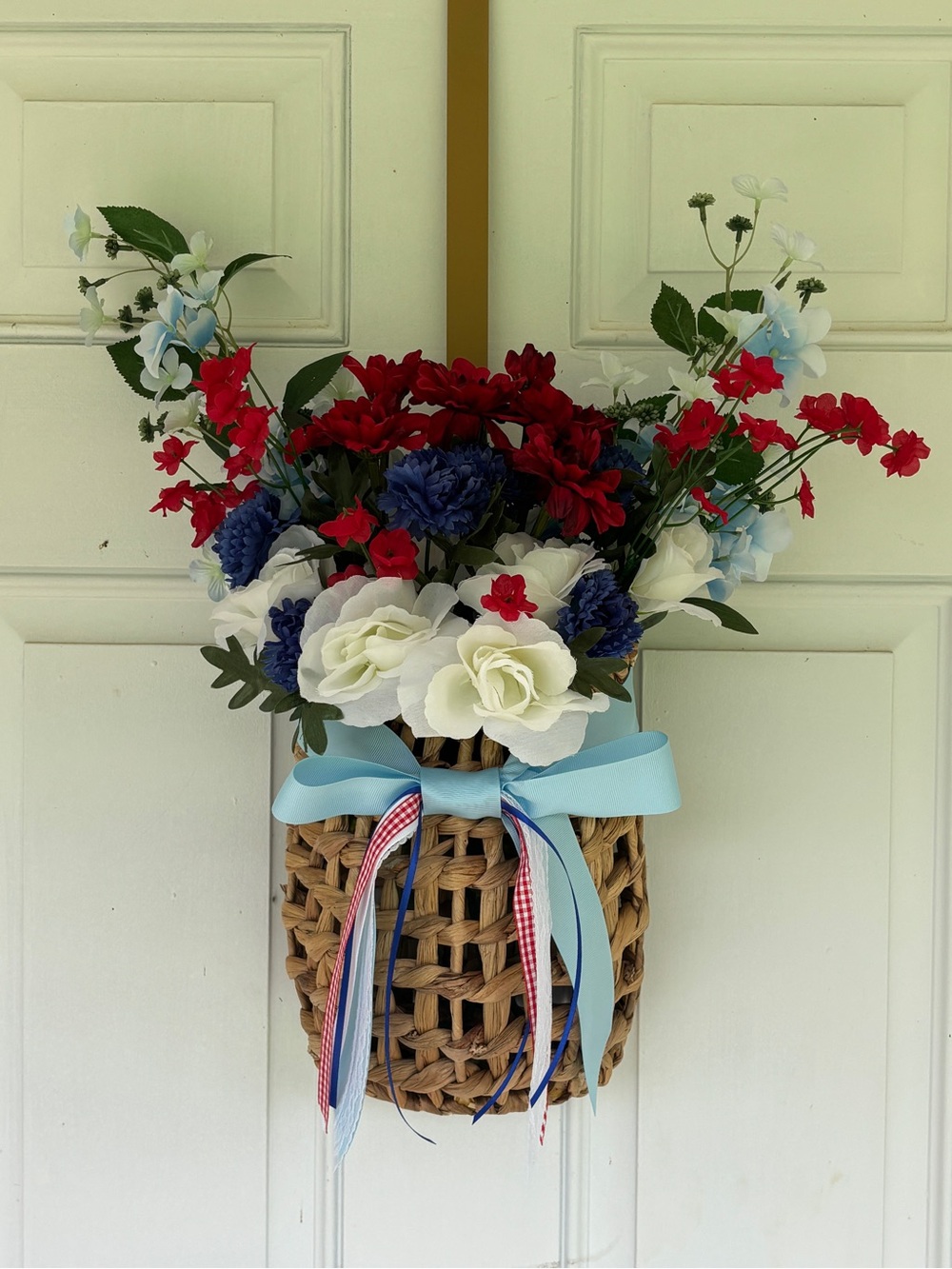 Handmade Patriotic Red, White & Blue Floral Basket Hanging Décor
